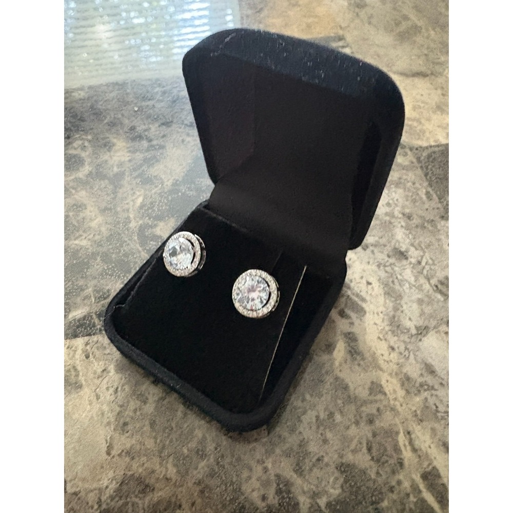 Silver Tone Round Halo Cubic Zirconia Stud Earrings Brilliant Cut Pave Border - Picture 6 of 14